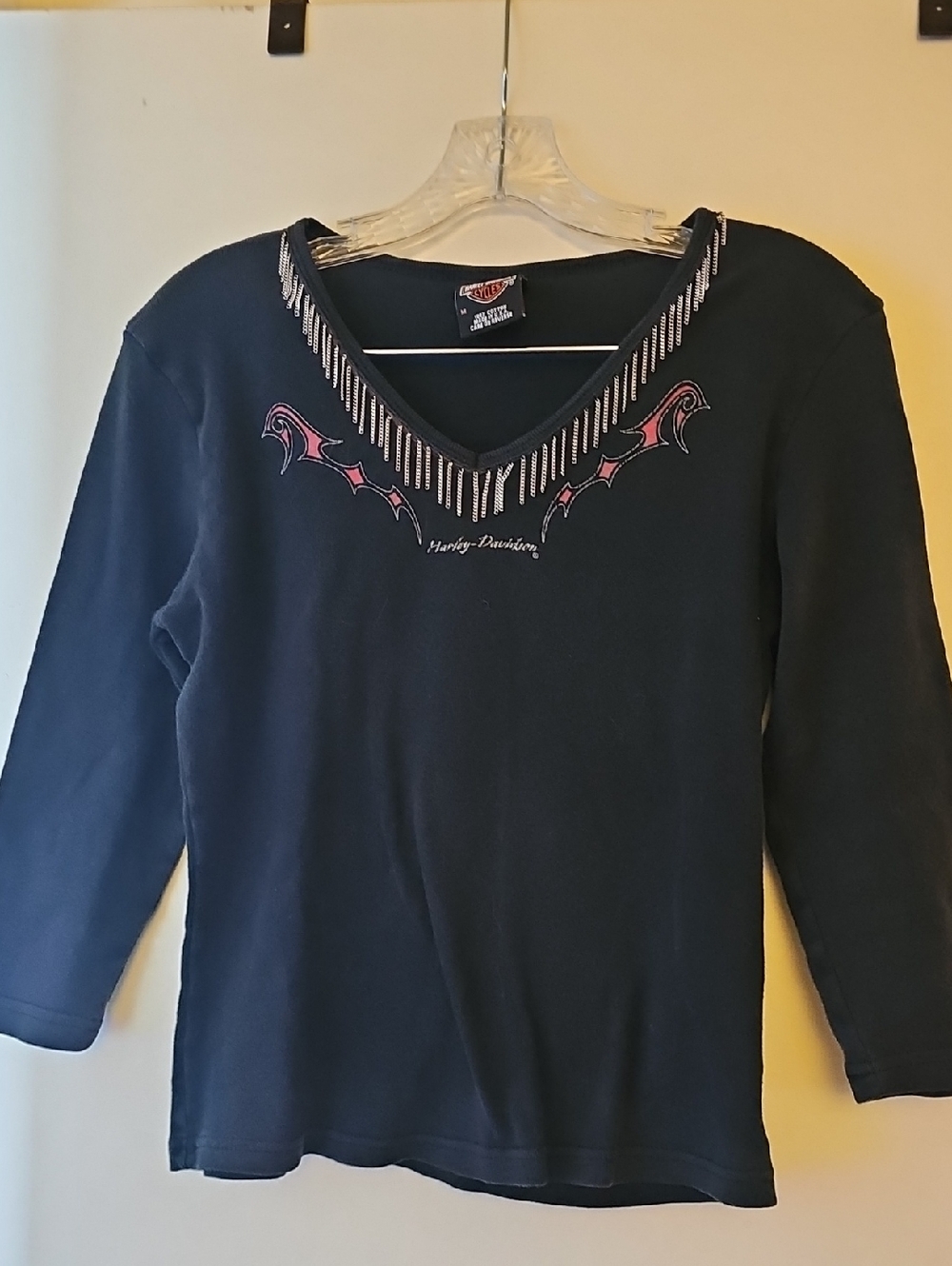 Harley-Davidson Black Long Sleeve V-Neck Tee with Pink Accent